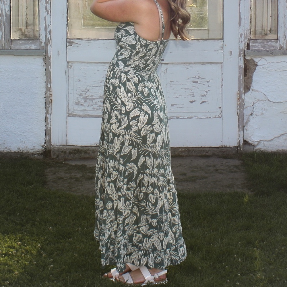Angie Olive and Cream Leaf Print Maxi Dress